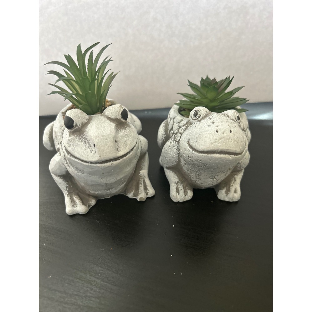 Old East Main Co Frog Succulent Planters x 2 Gray White Faux Plants Garden Decor